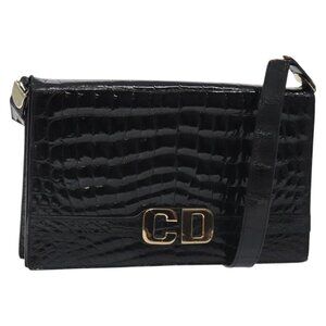 Authentic Christian Dior Shoulder Bag Enamel Black Gold